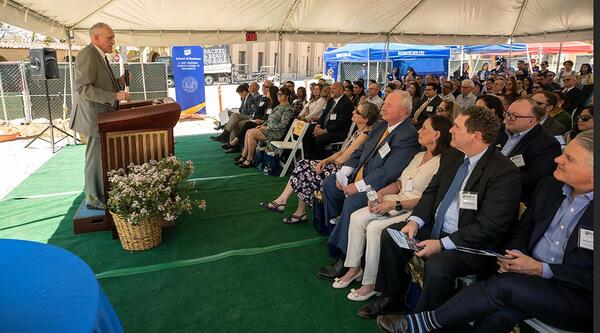 UC Riverside Chancellor Kim. A. Wilcox speaking at the groundbreaking ceremony on April 27, 2023